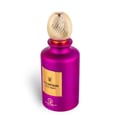 Purple perfume bottle with gold cap on a white background