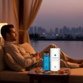Men’s perfume bottle and box at poolside cabana Malaysia at dusk with orange peel props – summer evening woody fresh fragrance