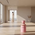 Pink perfume bottle with gold accents labeled 'Sunset Kiss' on a white background