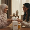 Ajayeb Dubai Portrait - Malay hijabi woman smiling joyfully as her non-hijabi friend gifts her a perfume – emotional friendship perfume scene Malaysia
