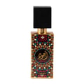 Perfume bottle with colorful design and black cap on a white background