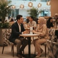 Pasangan Melayu memberi hadiah Ameer Al Oudh Intense Oud di kafe mall Malaysia