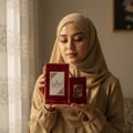 wanita berhijab Malaysia pegang Ameerat Al Arab cahaya pagi lembut