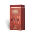 Red perfume box with gold accents and text on a white background