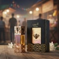 Atheeri at Malaysian night market table with rose‑gold and violet reflections; jasmine hint; bottle and box visible.