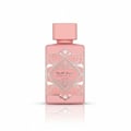 Pink perfume bottle with geometric design on a white background