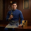 Lelaki Melayu memegang Awraq Al Oud Spicy Vanilla – aura maskulin dominan Malaysia