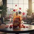 Red and gold perfume bottle with decorative design on a wooden surface