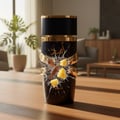 Beli perfume Asad original Malaysia –Black and gold tumbler with a design on a wooden table in a room with plants and furniture.