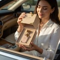 Woman in Car with Eclaire perfume bottle and packaging
