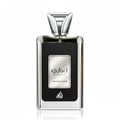 Perfume bottle with silver cap and black body on a white background