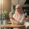 wanita berhijab Malaysia kafe KL pegang Hayaati Florence perfume feminin