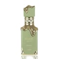 Green perfume bottle with gold accents on a white background