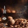Bottle of Mala oil with walnuts and smoke on a dark background