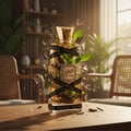 Lattafa Oud Mood 100 ml – Decorative bottle with gold accents and green leaves on a table in a softly lit room.