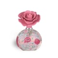 Perfume bottle with pink rose design on a white background