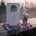 Maahir Legacy Perfume bottle on rain-wet marble with orchid petals and soft city reflection – feminine sweet fragrance Malaysia”