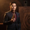 Lelaki Melayu dengan latar kayu oud memegang Maahir – bau woody spicy Malaysia