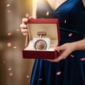 Malaysian woman reveals Nebras Elixir bottle and box from a velvet gift; raspberry‑rose confetti, warm spotlight; clear product.