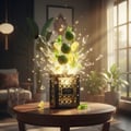 Now Rave Lattafa men fragrance - Lime and lemon splashing out of a decorative container labeled 'NOW' in a living room setting.