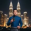 Lelaki Melayu pegang Oud Lail Maleki di KLCC waktu malam – perfume oud mewah Malaysia”