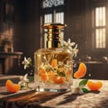 Perfume bottle with floral and fruit design on a patterned surface