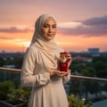 Gadis berhijab pegang Sakeena by Lattafa di balkoni – suasana sunset lembut Malaysia