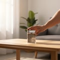Malay man placing Suqraat on wooden coffee table, bright morning light, fresh everyday men’s vibe