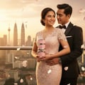 Malay couple on balcony during sunset hugging as woman holds perfume gift – romantic fragrance Malaysia