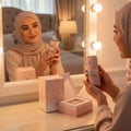 Malay hijabi woman holding perfume in front of mirror with warm light and soft mist – elegant women fragrance Malaysia