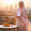Malay hijabi woman smiling at golden hour balcony holding perfume gift with tangerine sky and orchids – tropical vanilla fragrance Malaysia