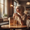 wanita berhijab di kafe dengan Athena atas meja