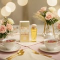 Athena EDP dengan teh bunga dalam suasana pink