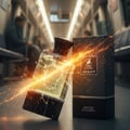 Perfume bottle broken, citrus sparks emerging; KL LRT train Malaysia — clear bottle and box, cinematic lighting