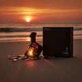 Perfume bottle broken, amber glow emerging; Langkawi beach at sunset Malaysia — clear bottle and box, cinematic lighting.