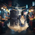 Perfume bottle broken, vanilla mist emerging; Pasar Malam night market Malaysia — clear bottle and box, cinematic lighting.