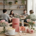Candid di meja kafe dengan latte dan bunga – mood manis Malaysia
