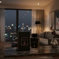 Dark Door Intense dalam apartment moden Malaysia, lighting lembut maskulin