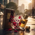 Perfume bottle broken, rose‑oud petals emerging; Kuala Lumpur street Malaysia — clear bottle and box, cinematic lighting.