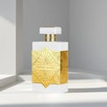 Perfume bottle with gold and white design on a light background