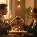 Infini Oud perfume bottle with Malaysian man and woman playfully reaching for the same perfume bottle in warm indoor light – elegant romantic perfume scene Malaysia