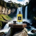 Perfume bottle on a wooden platform with a waterfall and forest in the background