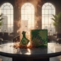 Perfume bottle broken, coffee‑oud vapor emerging; modern café in KL Malaysia — clear bottle and box, cinematic lighting.