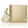 Gold perfume bottle and packaging with 'Luxe' branding on a white background