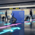 Blue LUXE product packaging with a blurred airport background