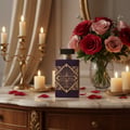 Maison Alhambra Infini Rose perfume Malaysia – bottle on a marble table with candles and flowers