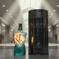 Two perfume bottles, one blue and one black with 'Glacier' branding, on a textured surface.