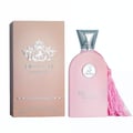 Delilah perfume bottle with pink packaging and tassel next to its box on a white background