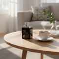 Man Black Edition atas meja kopi pagi, suasana segar maskulin