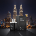 Man Black Edition dengan latar KLCC malam, tone noir maskulin